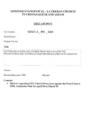 MATTERS REGARDING GEL CHURCH PRESS DUES AGAINST THE PRESS/CHURCH FDR, ATAMPALAN DAN FOR PERIOD APRIL 1994 TO MARCH 1995