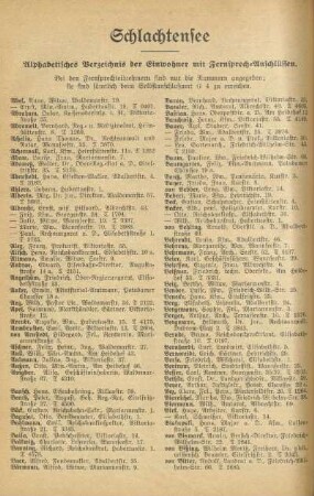 Schlachtensee. Alphabetisches Verzeichnis der Einwohner mit Fernsprech-Anschlüssen