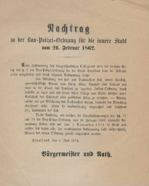 Nachtrag zu der Bau-Polizei-Ordnung für die innere Stadt vom 26. Februar 1862