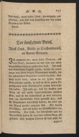 Der funfzehnte Brief. Isaak Onis, Rabbi zu Constantinopel, an Aaron Monceca