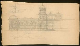Kunstakademie und Museum: Grundrisse und Ansicht. Skizzen