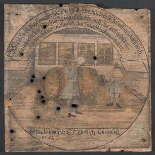 Coburger Schützenscheibe, gestiftet von L.F. Effelt am 1.8.1740, darstellend zwei Männer in einer Trinkstube vor einem Fass