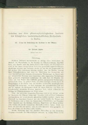 Arbeiten aus dem pflanzenphysiologischen Institute der Königlichen landwirthschaftlichen Hochschule in Berlin. XI. Ueber die Bedeutung des Kaliums in der Pflanze