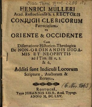 Henrici Mülleri ... Conjugii Clericorum Patrocinium ex Oriente & Occidente