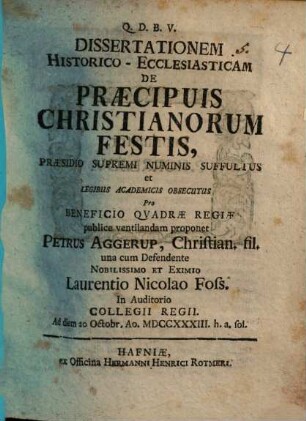 Dissertationem historico-ecclesiasticam de praecipuis Christianorum festis