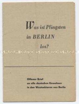 Propagandaschrift des FDJ-Zentralrats an die Westberliner Bevölkerung zum Deutschlandtreffen der Jugend 1950