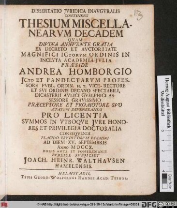 Dissertatio Jvridica Inavgvralis Continens Thesium Miscellanearvm Decadem