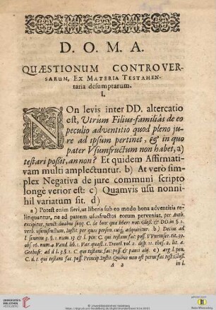 D.O.M.A. Quæstionum Controversarum, ex Materia Testamentaria desumptarum (I. - XVIII)