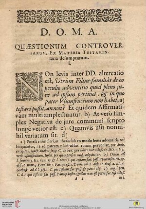 D.O.M.A. Quæstionum Controversarum, ex Materia Testamentaria desumptarum (I. - XVIII)