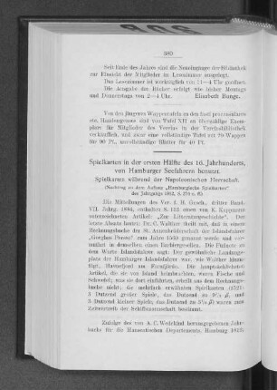 Spielkarten in der ersten Hälfte des 16. Jahrhunderts, von Hamburger Seefahrern benutzt. : Spielkarten während der Napoleonischen Herrschaft. (Nachtrag zu dem Aufsatz "Hamburgische Spielkarten" des Jahrgangs 1912, S. 274 u. ff.)