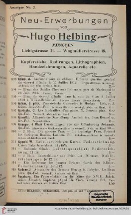 Nr. 2: Neu-Erwerbungen von Hugo Helbing, München: Anzeiger: Kupferstiche, Radirungen, Lithographien, Handzeichnungen, Aquarelle etc.