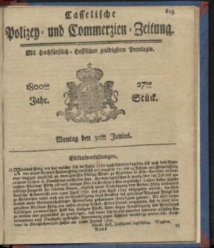 27tes Stueck, Montag den 30ten Junius 1800