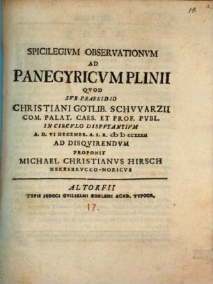 Spicilegium observationum ad Panegyric. Plinii