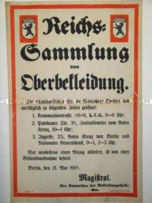 Maueranschlag: Reichs-Sammlung von Oberbekleidung.