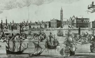 Große Ansicht von Venedig (Detail) : Venedig, Lastkähne, Stich 16./17. Jh.