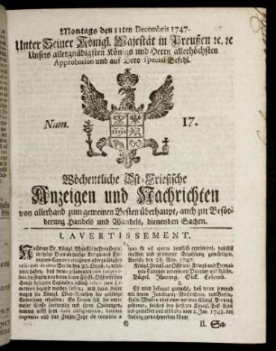 Num. 17. Montags den 11ten Decembris 1747.