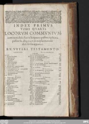 Index Primus Tomi Quarti. Locorum Communium continens dicta Sacrae Scripturae passim explicata, passim sic allegata, ut ex ea ipsa citatione dicti sensus appareat.