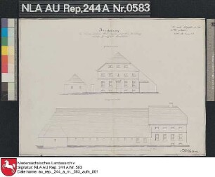 Giebelansicht und Längenansicht vom Platzgebäude der Domäne Greetsieler Schatthaus bei GREETSIEL Zeichnung von NN. Papier Format 45,6x33,6 M 1:130