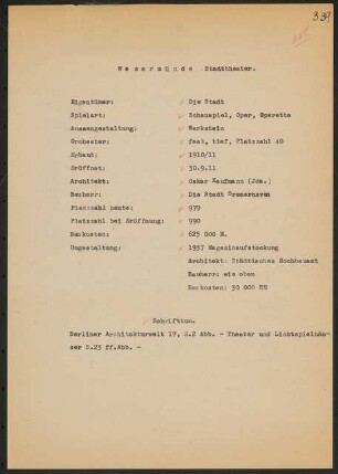 Stadttheater, Wesermünde: Schriftstück zum Fragebogen für das Handbuch »Das Deutsche Theater«, zwei Seiten