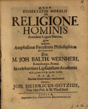 Dissertatio Moralis De Religione Hominis secundum Legem Naturae