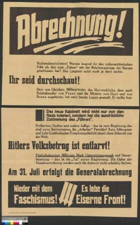 Wahlplakat der Eisernen Front zur Reichstagswahl am 31. Juli 1932