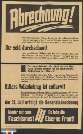 Wahlplakat der Eisernen Front zur Reichstagswahl am                                         31. Juli 1932