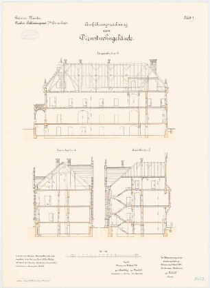 Bekleidungsamt des VII. Armeekorps, Münster: Dienstwohngebäude: Längsschnitt, Querschnitte 1:100