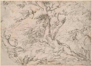 Arkadische Landschaft mit schlafender Frau, fliehendem Herrn und fliegendem Amor mit Pfeil und Bogen