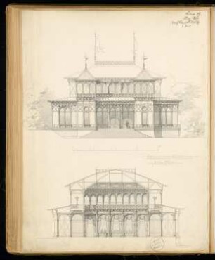 Schützenhaus Monatskonkurrenz Mai 1876: Aufriss Vorderansicht, Querschnitt; Maßstabsleiste