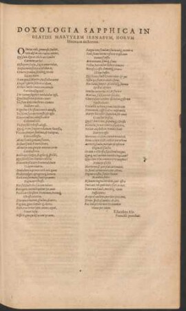 Doxologia Sapphica In Beatiss. Martyrem Irenaeum ...