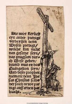 Christus mit der Rechten ein hohes Kreuz umschlingend. Vor ihm ein Lamm