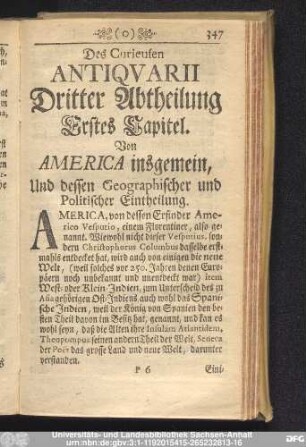 Erstes Capitel. Von America insgemein, Und dessen Geographischer und Politischer Eintheilung.