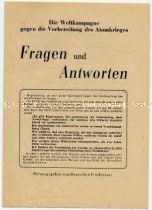 Agitationsschrift des Deutschen Friedensrates für Unterschriftensammlung Atomwaffen, mit Wiener Appell und Erklärung des Weltfriedensrates