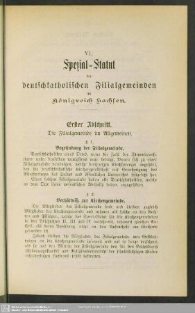 VI. Spezial-Statut der deutschkatholischen Filialgemeinden im Königreich Sachsen