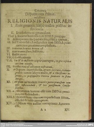 Contenta Disputationis Primae, exhibiturae Religionis Naturalis