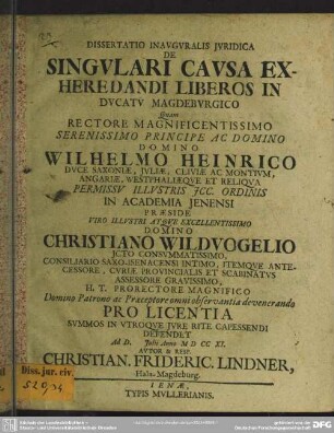 Dissertatio Inauguralis Iuridica De Singulari Causa Exheredandi Liberos In Ducatu Magdeburgico
