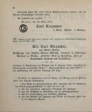 39. Nachtrag zu dem Gesetz vom 9. Februar 1881, betreffend die Unterbringung verwahrloster Kinder
