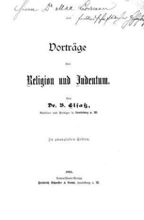 Vorträge über Religion und Judentum / von B. Elsaß