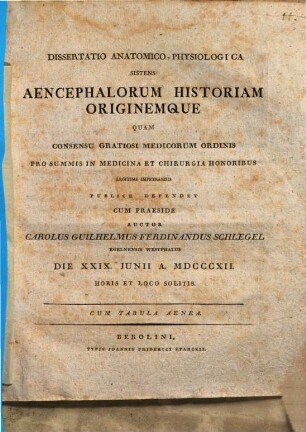 Diss. anat. physiol. sistens aencephalorum historiam originemque : cum tab. aen.