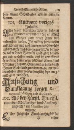 Ansuchung und Dancksagung wegen Recommendation und Audientz. 102. - 113.