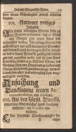 Ansuchung und Dancksagung wegen Recommendation und Audientz. 102. - 113.