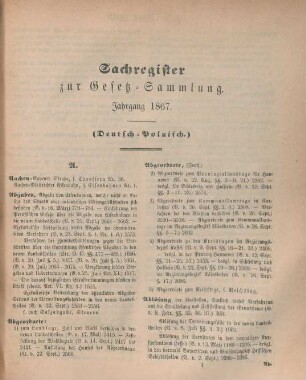 Sachregister zur Gesetz-Sammlung. Jahrgang 1867. (Deutsch-Polnisch)