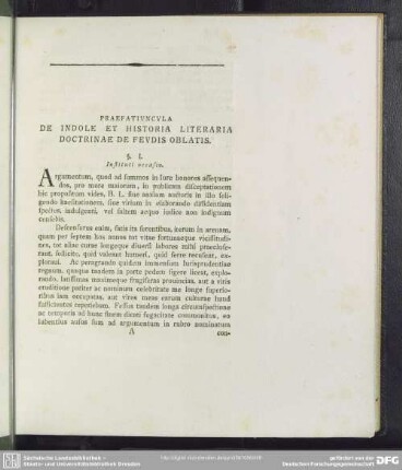 Praefatiuncula De Indola Et Historia Literaria Doctrinae De Feudis Oblatis