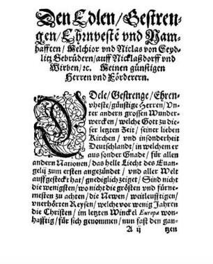 Den Edlen/ Gestrengen/ Ehrnveste[n] und Namhafften/ Melchior und Niclas von Seydlitz Gebrüdern/ auff Nicklaßdorff und Wirben/ [et]c. Meinen günstigen Herren und Förderern