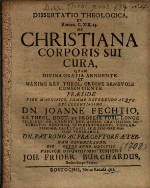 Dissertatio Theologica, Ex Roman. C. XIII, 14. De Christiana Corporis Sui Cura