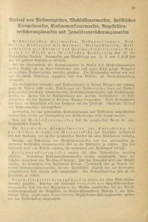 Verkauf von Postwertzeichen, Wechselsteuermarken, statistischen Stempelmarken, Einkommensteruermarken, Angestelltenversicherungsmarken und Invalidenversicherungsmarken