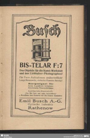 Werbung: Busch Bis-Telar F:7, Emil Busch A.- G. Optische Industrie Rathenow