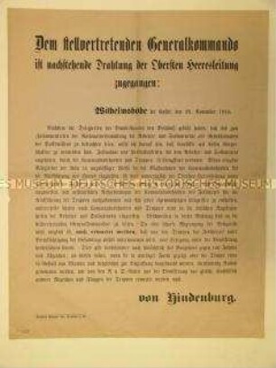 Maueranschlag mit der Anordnung von Hindenburg an die Armee, Konflikte mit den Arbeiter- und Soldatenräten zu vermeiden