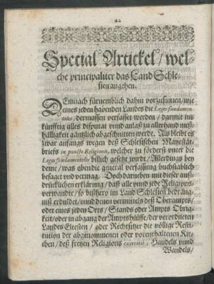 Special Artickel/ welche principaliter das Land Schlesien angehen.