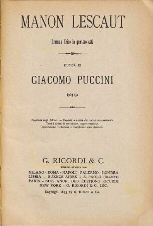 Manon Lescaut : dramma lirico in quattro atti